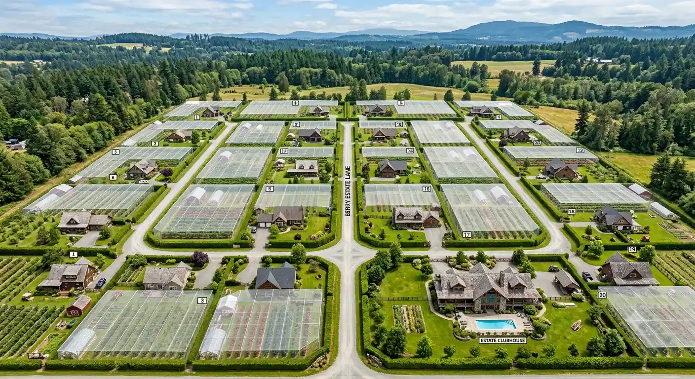 Illustrative aerial overview of protected growing plots, internal roads and shared estate facilities